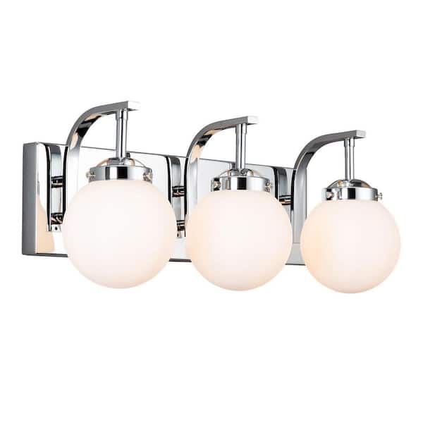 Home Lighting 18.11 in. 3-Light Chrome Modern Milk White Glass Globe Shade Vanity Light Over Mirror For Bathroom