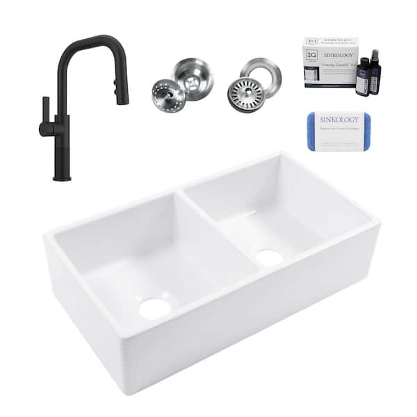 Turner 33 in. Farmhouse Apron Front Undermount Double Bowl Crisp White Fireclay Kitchen Sink with Black Faucet Kit