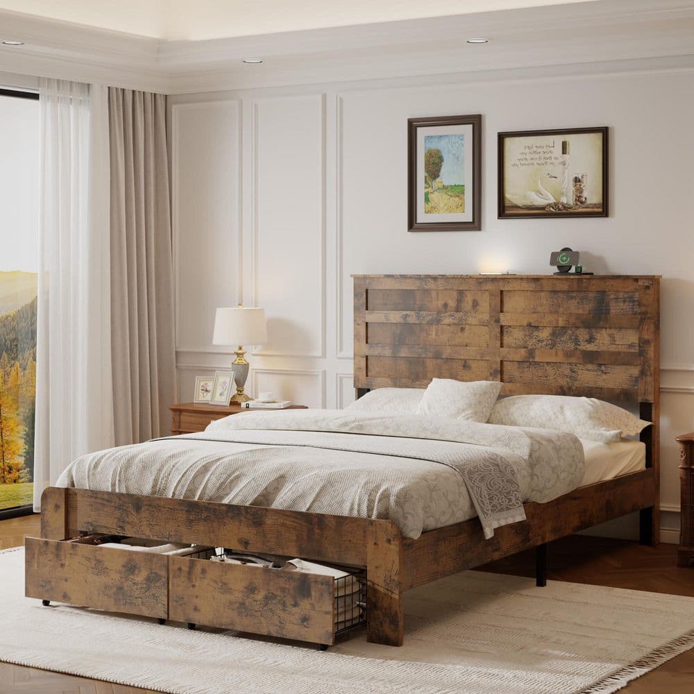 Dark Brown Wood Frame Full Size Platform Bed Full Bed Frame Furniture with 2 Storage Drawers and 2 USB ports price history on PriceWatchPro