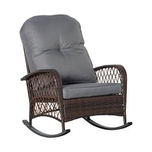 1-Piece Gray PE Wicker Outdoor Rocking Chair Wide Seat with Gray Cushions for Patio, Lawn, Garden, Porch and Backyard