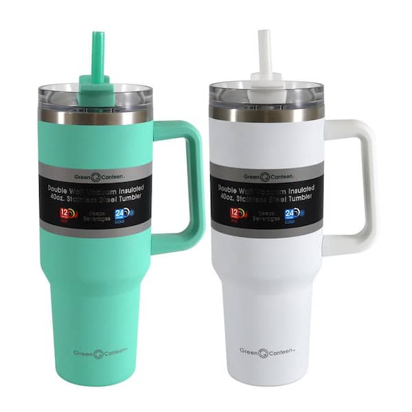 Green Canteen 40 Oz. Double Wall Stainless Steel Teal/White Tumbler with  Handle (2-Pack) DWSST-WTMG-2PK - The Home Depot