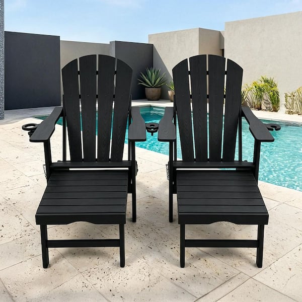 Black HDPE Plastic Folding Adirondack Chair with Retractable Ottoman and Cup Holder (2-Pack)