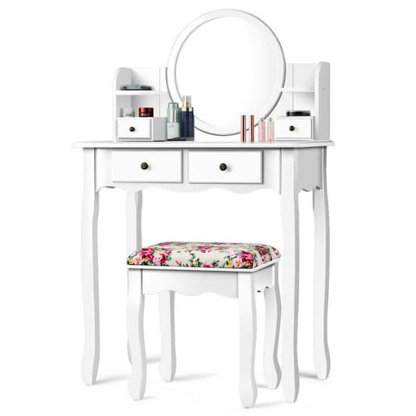 Costway 4-Drawer White Vanity Table Set Cushioned Seat Dressing Furniture with Oval Mirror