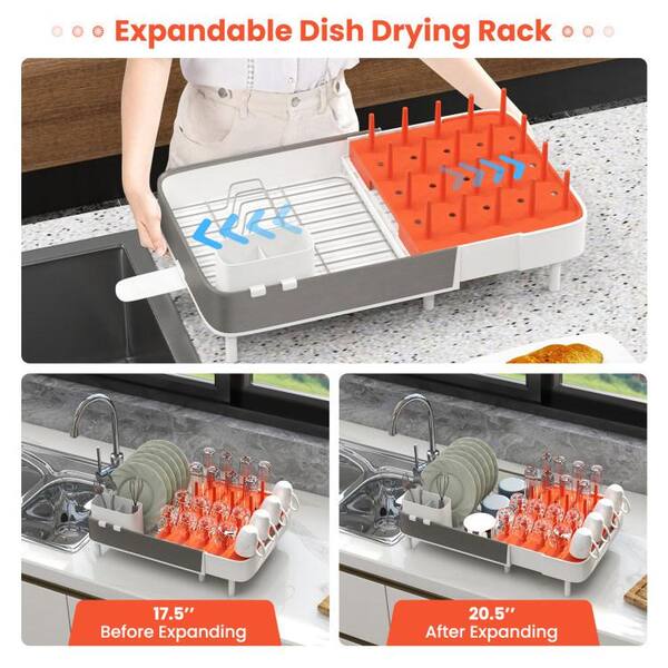 Expandable Dish Drying Rack Adjustable Dual-Part Dish Drainer with  Detachable Utensil Holder
