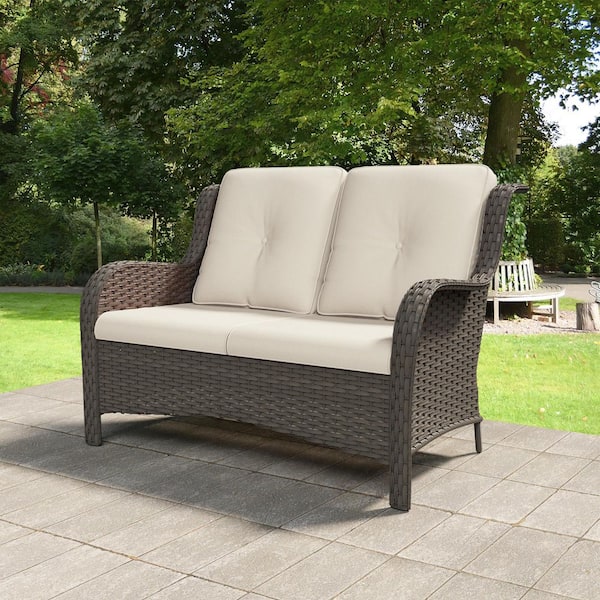 Brown Wicker Outdoor Patio Deep Seating Loveseat Couch with Beige Cushions