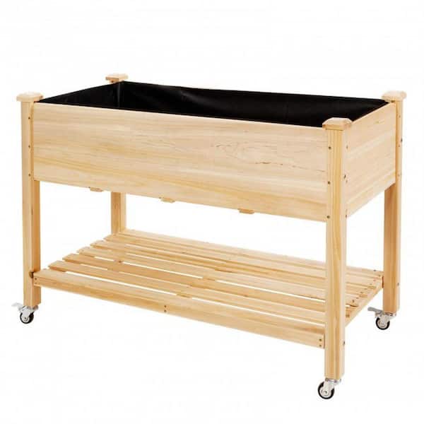 Zeus & Ruta 47.5 in. Natural Wood Elevated Planter Bed with Lockable Wheels Shelf and Liner