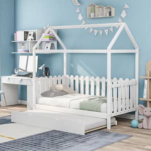 White Twin Size Wood House Bed with Trundle, Twin Kids Canopy Bed Daybed with Roof and Fence-Shaped Guardrail