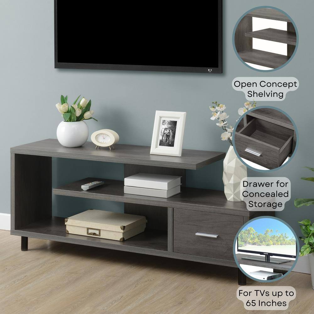 Modern Charcoal Gray 59" TV Stand with Open Shelves and Cabinet