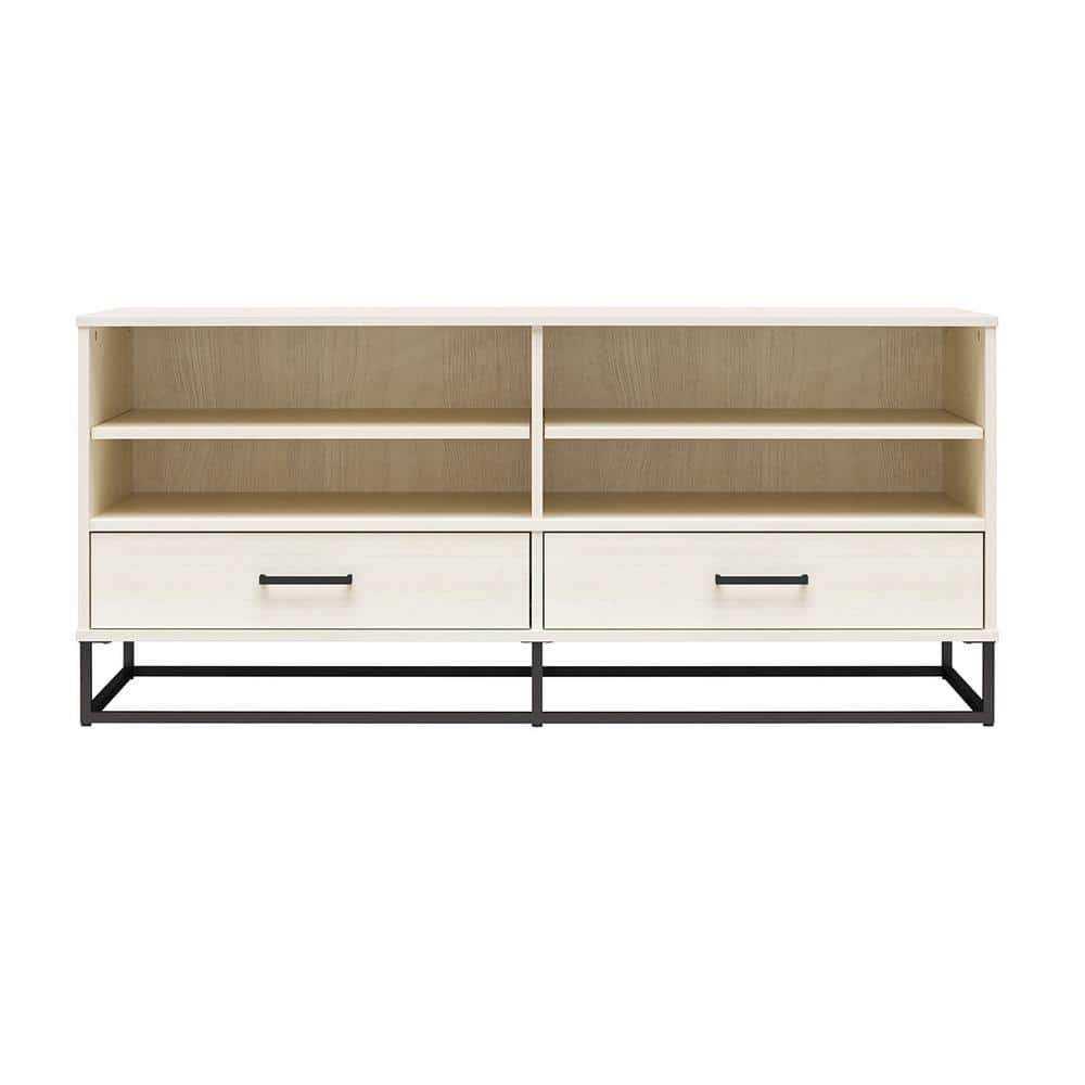 White Engineered Wood TV Stand with Adjustable Shelves and Metal Handles