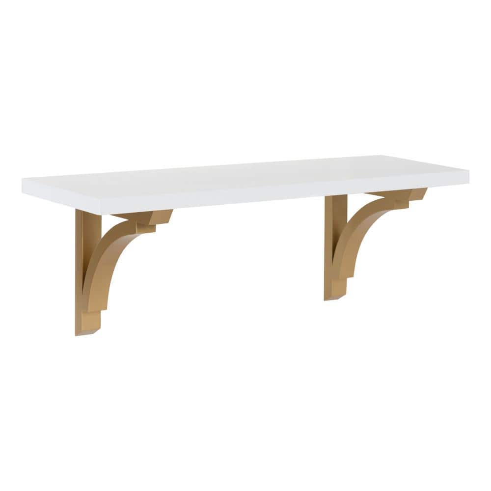 Classic White and Gold Wood Floating Wall Shelf, 24 inches