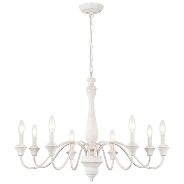 Aura 31.5 in. 8-Light Distressed White Linear Farmhouse Chandelier for Dining Room Foyer