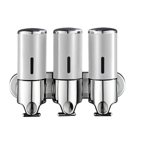 3 in 1 Chamber Wall Mounted Silver Bathroom Shower Pump Dispenser and Organizer for Shampoo, Soap and Conditioner