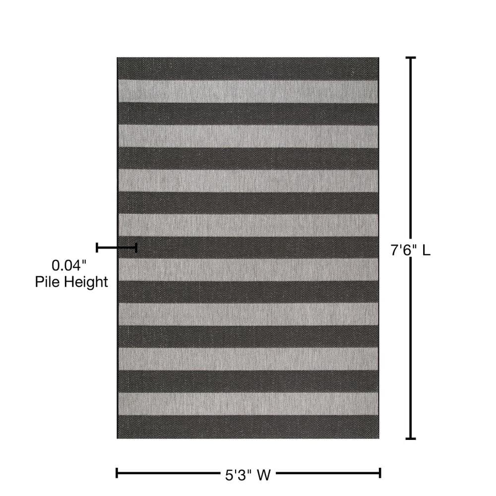 Black and Light Gray Striped Synthetic Rectangular Area Rug, 5'3" x 7'6"
