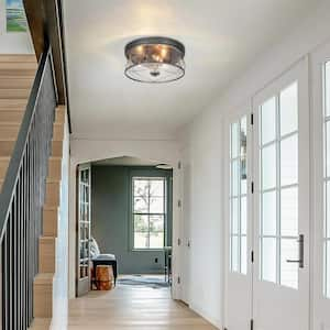 Modern Farmhouse 3-Light Black Sweep Silver Flush Mount Light, 13.5 in. Drum Seeded Glass Ceiling Light for Bedroom