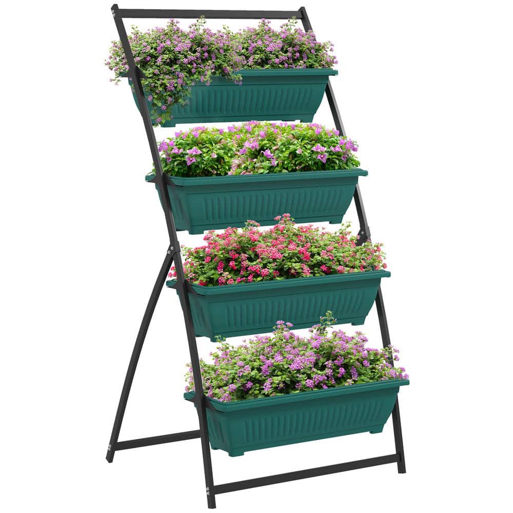 4-Tier Vertical Planter with Stand, Green Plastic Outdoor Garden Boxes, Sel