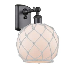 Farmhouse Rope 8 in. 1-Light Matte Black Wall Sconce with White Glass with White Rope Glass and Rope Shade