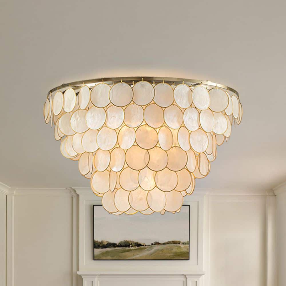 5-Light 24 in. Farmhouse Coastal Natural Capiz Shell in Aged Bronze Tiered 