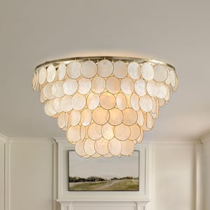 5-Light 24 in. Farmhouse Coastal Natural Capiz Shell in Aged Bronze Tiered Flush Mount Vintage Glam Ceiling Light