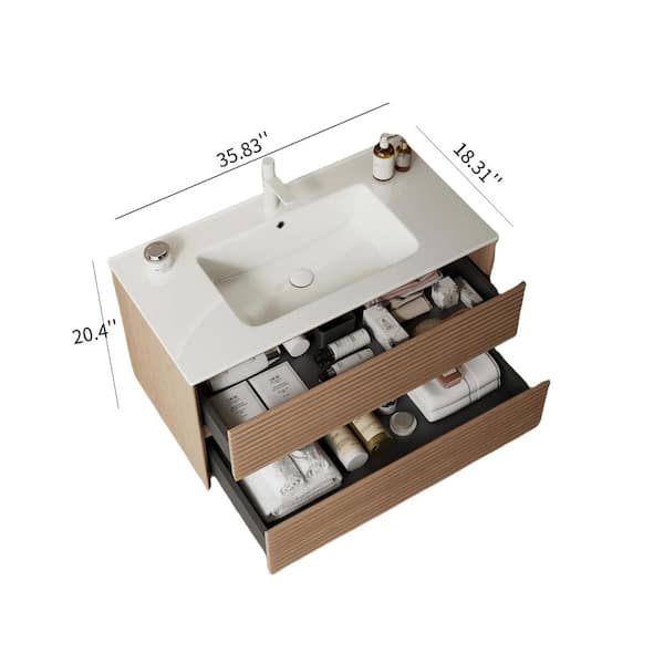 Modland Liory 36 in. Single Sink Floating Nature Wood Bath Vanity with White Ceramic Top Pre-assembled