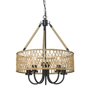 5 light Farmhouse Black Rattan Hand Woven Chandelier Pendant Light for Kitchen Island with no bulbs included