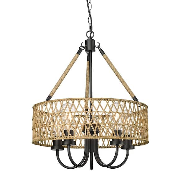 JAZAVA 5 light Farmhouse Black Rattan Hand Woven Chandelier