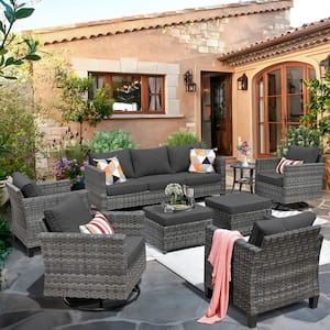 Neptune Gray 8-Piece Wicker Patio Conversation Seating Sofa Set with Black Cushions and Swivel Rocking Chairs