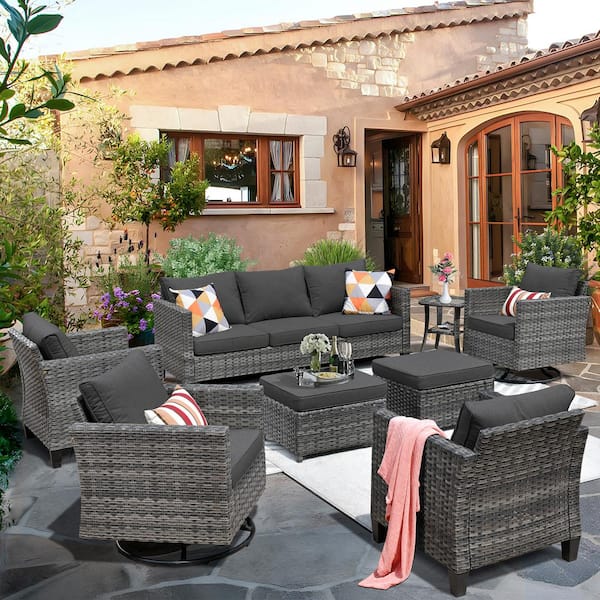 XIZZI Neptune Gray 8-Piece Wicker Patio Conversation Seating Sofa Set with Black Cushions and Swivel Rocking Chairs