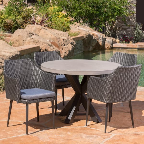 Noble House Nyla Grey and White 5-Piece Polyethylene Faux Rattan Outdoor Dining Set with Black Cushions