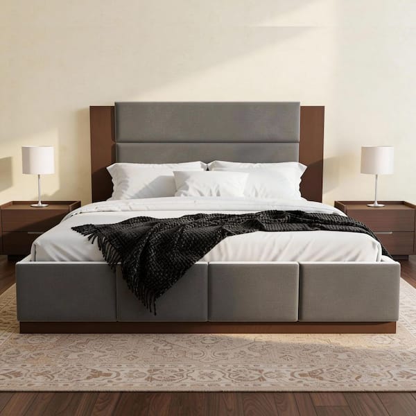 Gray Rubber Wood Frame Queen Platform Bed with Extended Wood Headboard