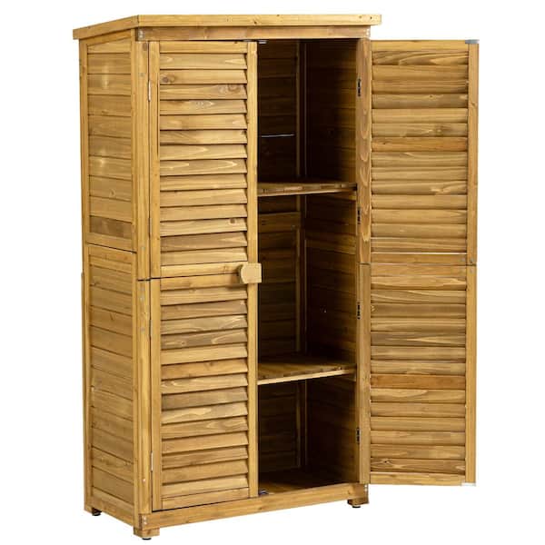 34.25 in. W x 18.5 in. D x 63 in. H Natural Color Fir Wood Outdoor Storage Cabinet w/ Adjustable Feet and Lockable Doors