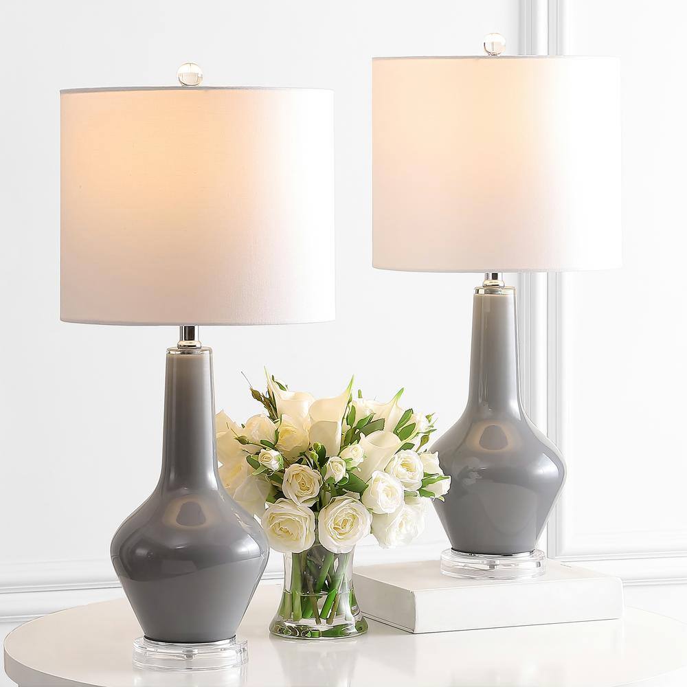 Elegant Smoked Grey Glass Table Lamp Set with White Drum Shade