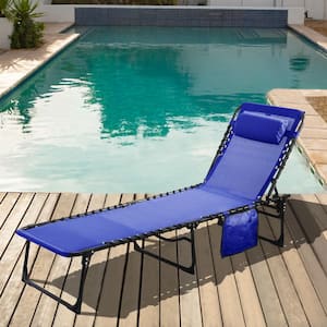 Outdoor Folding Chaise Lounge Chair Fully Flat for Beach with Pillow and Side Pocket, Dark Blue