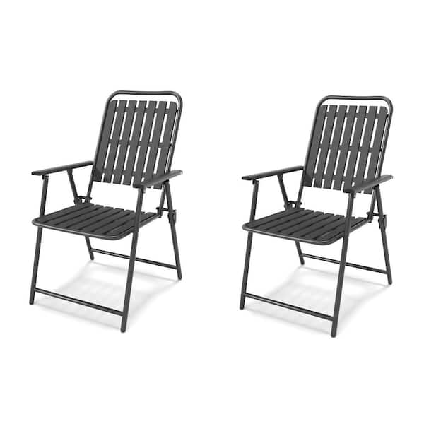 Melvior Antique Black Metal Frame Outdoor Patio Folding Lawn Chairs, Rust Resistant (Set of 2)