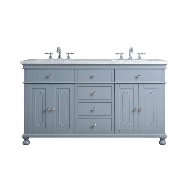 stufurhome 60 in. Abigail Embellished Double Sink Vanity in Grey with Marble Vanity Top in Carrara with White Basin