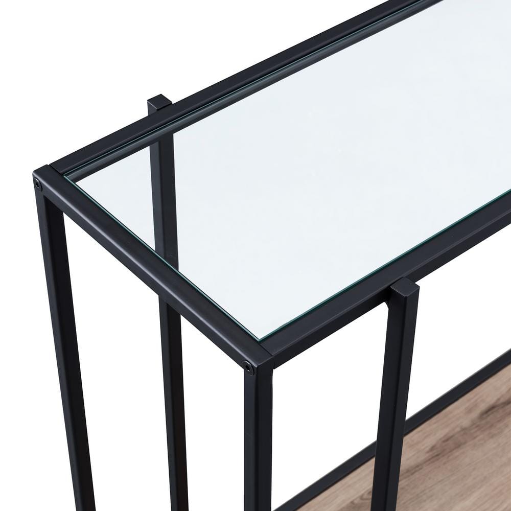 Mid-Century 42" Blackened Bronze and Gray Oak Console Table with Shelf