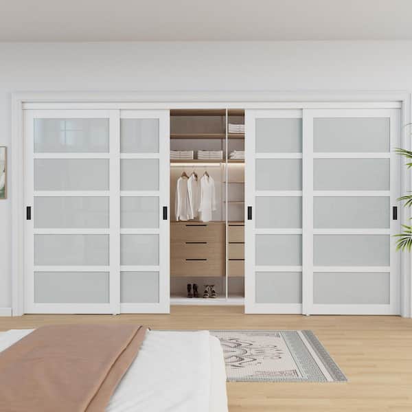 144 in.x 80 in. 5-Lite Tempered Frosted Glass Primed White MDF Interior Closet Sliding Door w/Black Handles and Hardware
