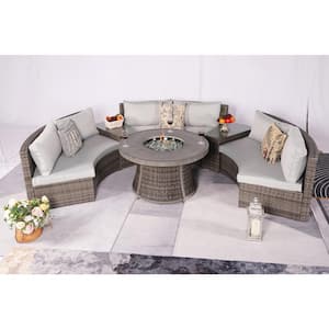 Ava Hart 6-Piece Wicker Patio Conversation Set with Fire Pit and Gray Cushions