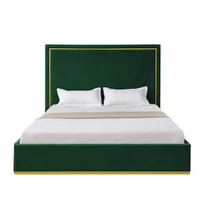 Aksel Hunter Green Wood Frame King Size Platform Bed With Upholstered Velvet