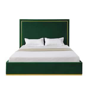 Aksel Hunter Green Wood Frame Queen Size Platform Bed With Upholstered Velvet