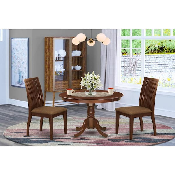 East West Furniture 3-Piece Mahogany Finish Solid Wood Top - Round Dining Room Set - Seats 4
