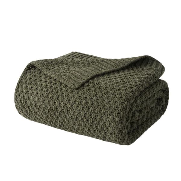 Olive Green Chenille Decorative Moss Stitch Throw Blanket