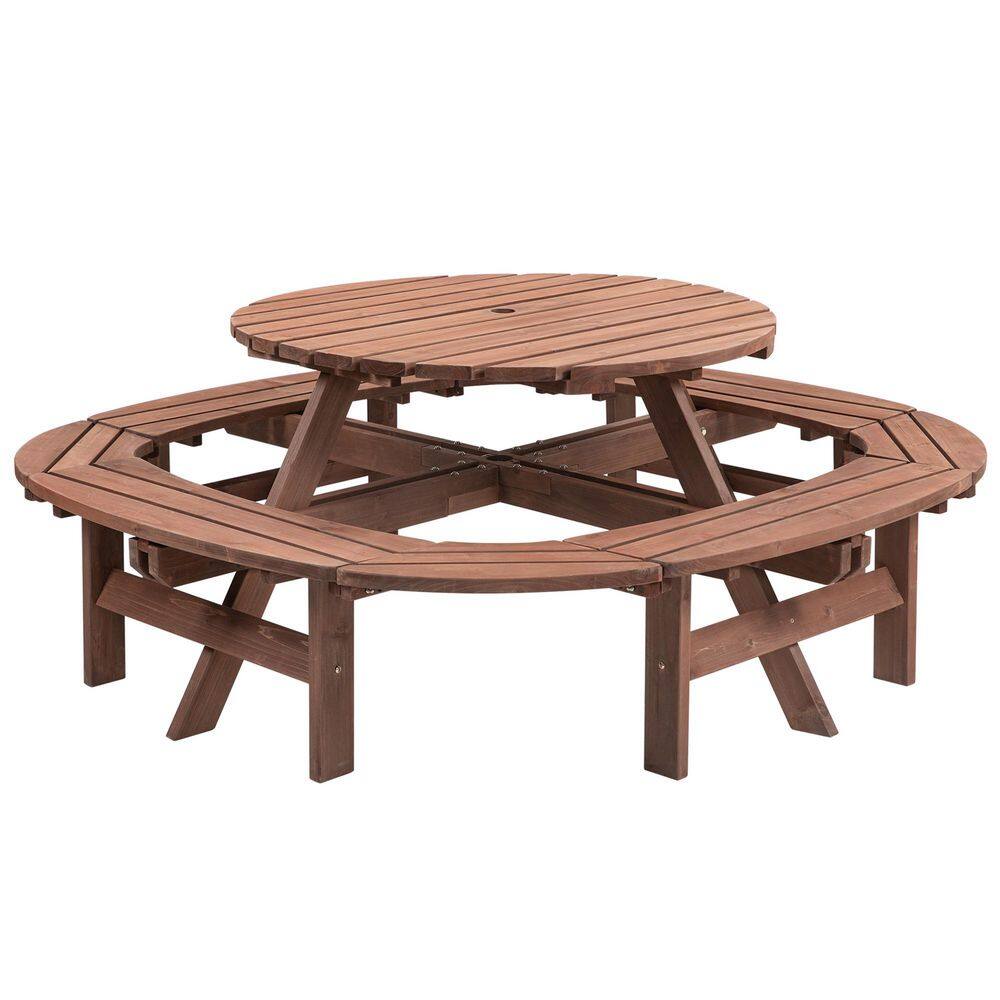 70.40 in. Walnut Brown Round Wood Picnic Tables Seats 12 People