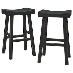 31 in. Black Backless Wood Frame Barstool with Wooden Seat (Set of 2)