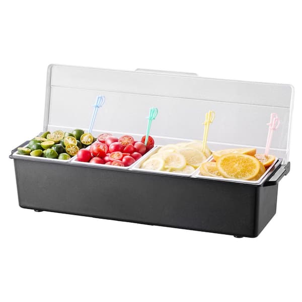 SKYSHALO 4-Compartment Ice Cooled Condiment Server, Chilled Garnish Tray with Lid, for Bartending, Taco & Salad Serving, Home Use