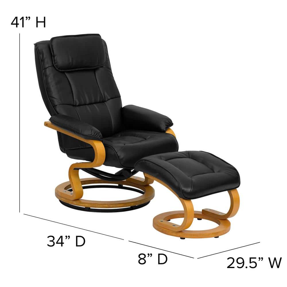 Swivel Black Leather Recliner with Ottoman and Maple Wood Base
