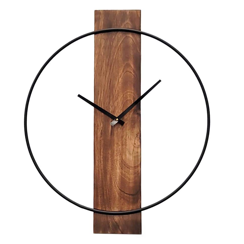 Quickway Imports Clockswise Decorative Modern Brown Wall Clock with Black  Metal Frame on Wood Board, Battery Operated Silent. 20'' Día QI004253 - The