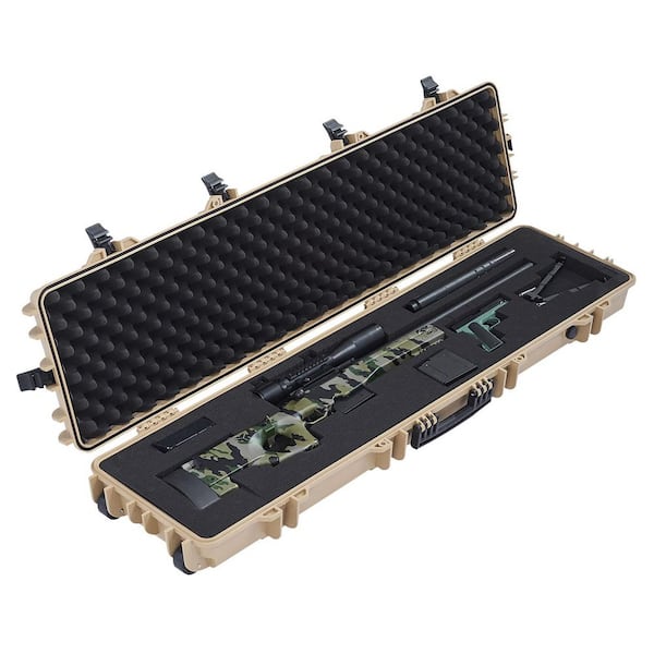 Hard Rifle Case 54.3 in. Khaki Backpack Lockable Rifle Case with Pre-Cut Foams Movable Gun Storage with Wheels IP67