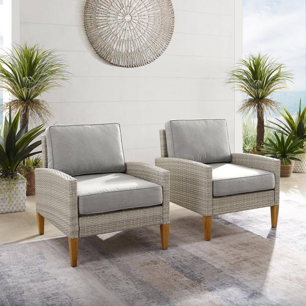 Gray Wicker Outdoor Accent Chairs with Cushions, 2-Piece Set