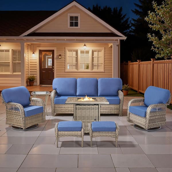 Tyber 7-Piece Gray Wicker Outdoor Fire Pit Patio Conversation Sofa Sets with Swivel Glider Chairs with Blue Cushions