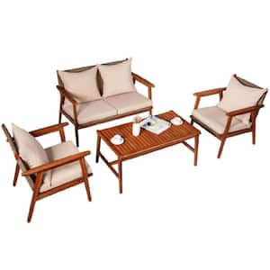 4-Pieces Wood Patio Rattan Conversation Set with Brown Cushions